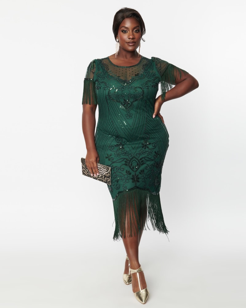 Front of a model wearing a size 3X Unique Vintage 1920s Emerald Beaded Nadine Flapper Dress in Green by Unique Vintage. | dia_product_style_image_id:287951